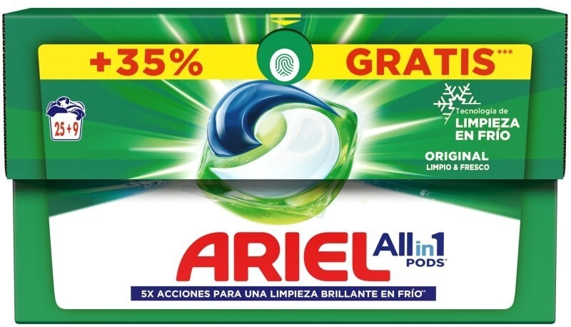 Ariel All in 1 Pods Original 25+9 Cápsulas Gratis - Limpieza Brillante con un 35% Más de Producto