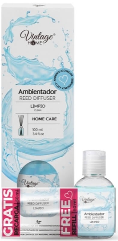 Vintage Home Reed Diffuser Limpio Ambientador Mikado 100 ml + Recarga 50 ml