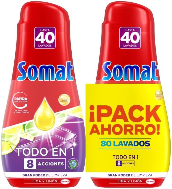 Somat Todo en 1 Lima y Limón Detergente Lavavajillas en Gel 80D – Limpieza Potente con Aroma Refrescante