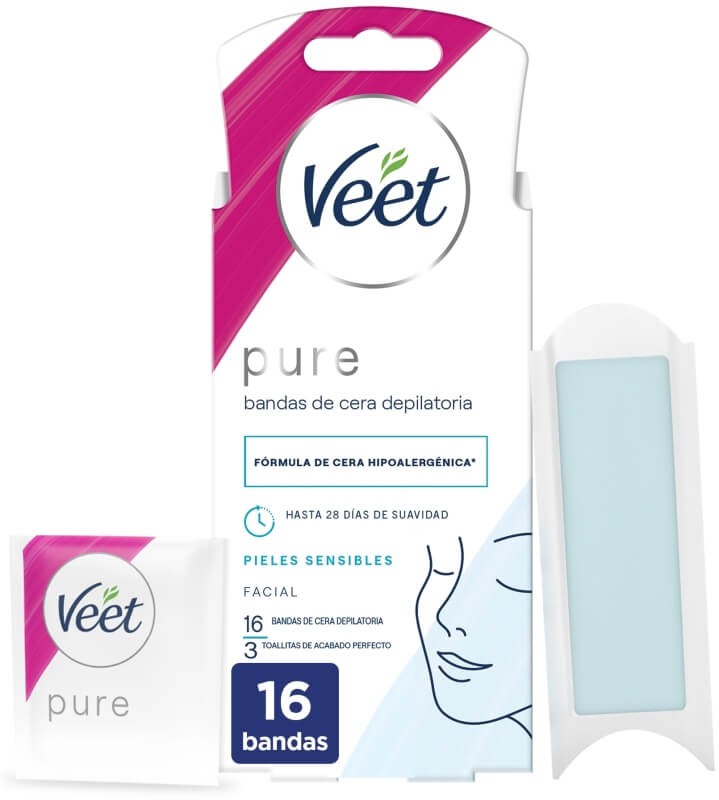 Veet Pure Bandas de Cera Depilatoria Hipoalergénica Pieles Sensibles Facial 16 Bandas