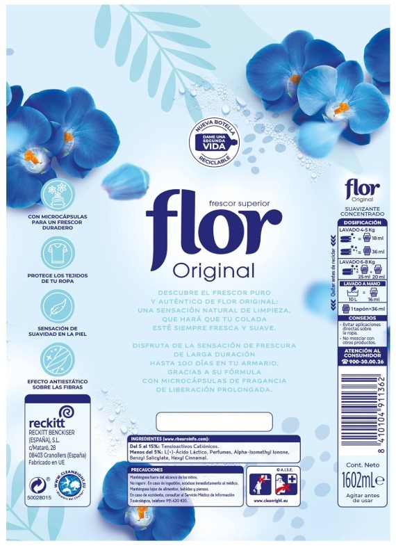 Flor Original Suavizante Concentrado 1,6L 89D – Frescor y Fragancia Hasta 100 Días