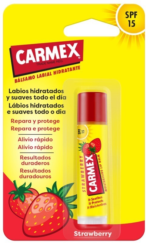 Carmex Bálsamo Labial Hidratante Fresa SPF 15 4,25 g – Hidratación Intensa con Sabor y Protección Solar