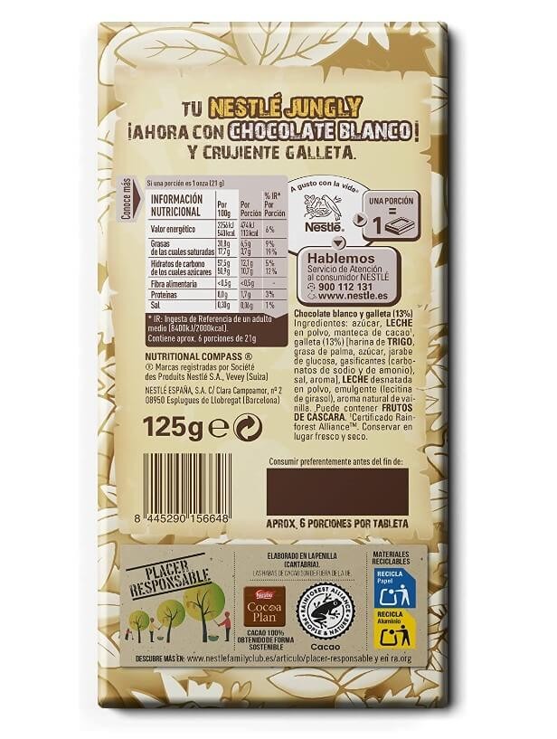 Nestlé Jungly Tableta Chocolate Blanco con Galleta 90G
