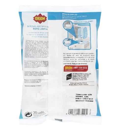 Orion Bolsas Antipolillas y Antiácaros Aroma Ropa Limpia 25G