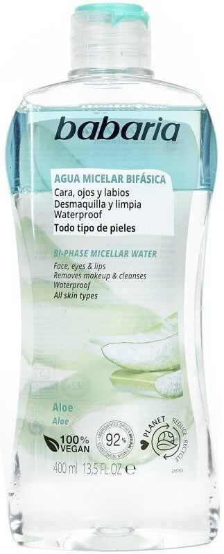 Babaria Agua Micelar Bifásica Aloe 400 ml - Limpieza Suave y Natural con Aloe Vera