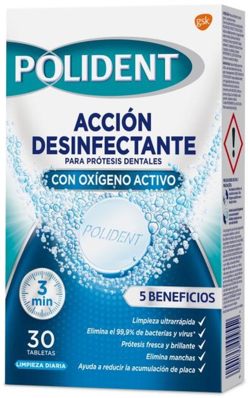 Polident Tabletas Limpiadoras para Prótesis Dentales Acción Desinfectante 30U