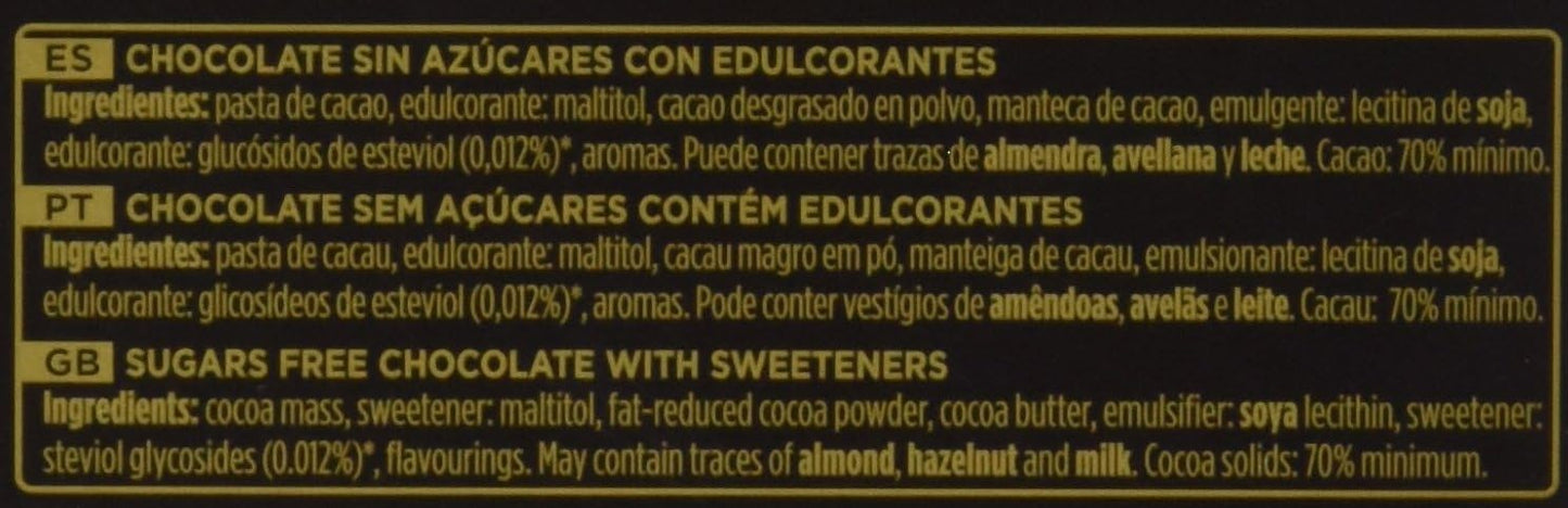 Valor Chocolate Negro 70% Cacao 0% Azúcares Añadidos 100G