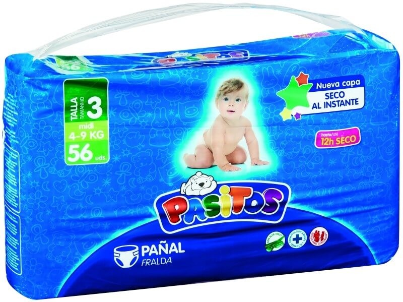 Pasitos Pañales Talla 3 (4-9 kg) 56 uds – Máxima comodidad y hasta 12h de protección seca