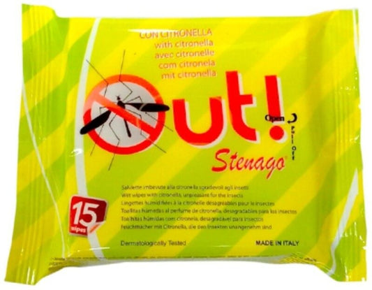 Out! Stenago Toallitas Repelentes con Citronela 15U – Protección Natural y Cómoda contra Mosquitos