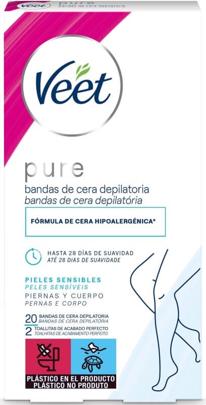 Veet Pure Bandas de Cera Depilatoria Hipoalergénica Pieles Sensibles 20 Bandas