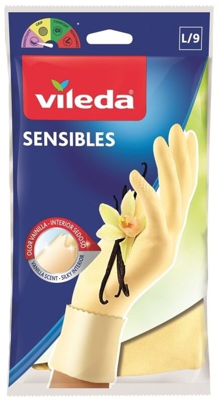 Vileda Guantes Sensibles Talla L/9 – Protección eficaz con suavidad y aroma a vainilla