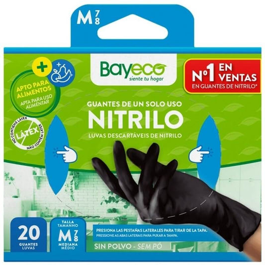 Bayeco Guantes de Nitrilo Negro Sin Polvo Talla M 20U – Protección y Comodidad para Uso Profesional y Diario