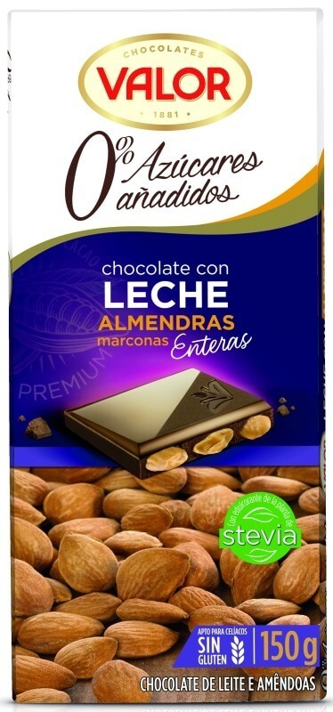 Valor Chocolate con Almendras 0% Azúcares Añadidos 150 Gr