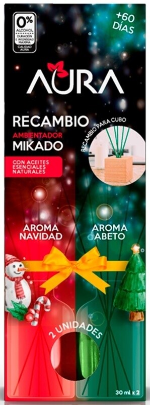 Aura Recambio Ambientador Mikado Navidad/Abeto 2 x 30 ml - Aroma Navideño para Tu Hogar