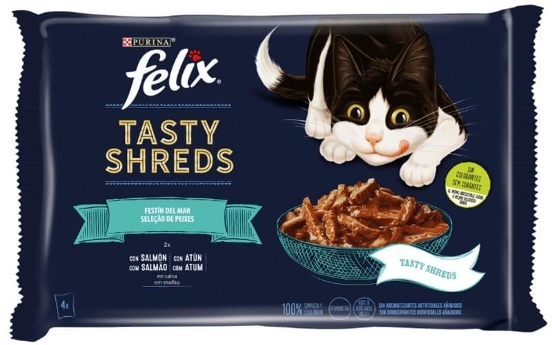 Purina Felix Tasty Shreds Festín del Mar Comida Húmeda para Gatos 4x80g