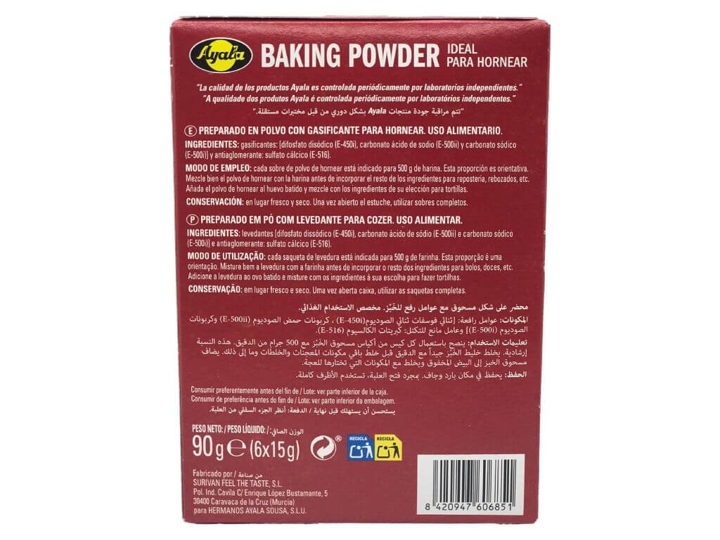 Ayala Baking Powder Sin Gluten – Ideal para Hornear, 6 Sobres de 15 g