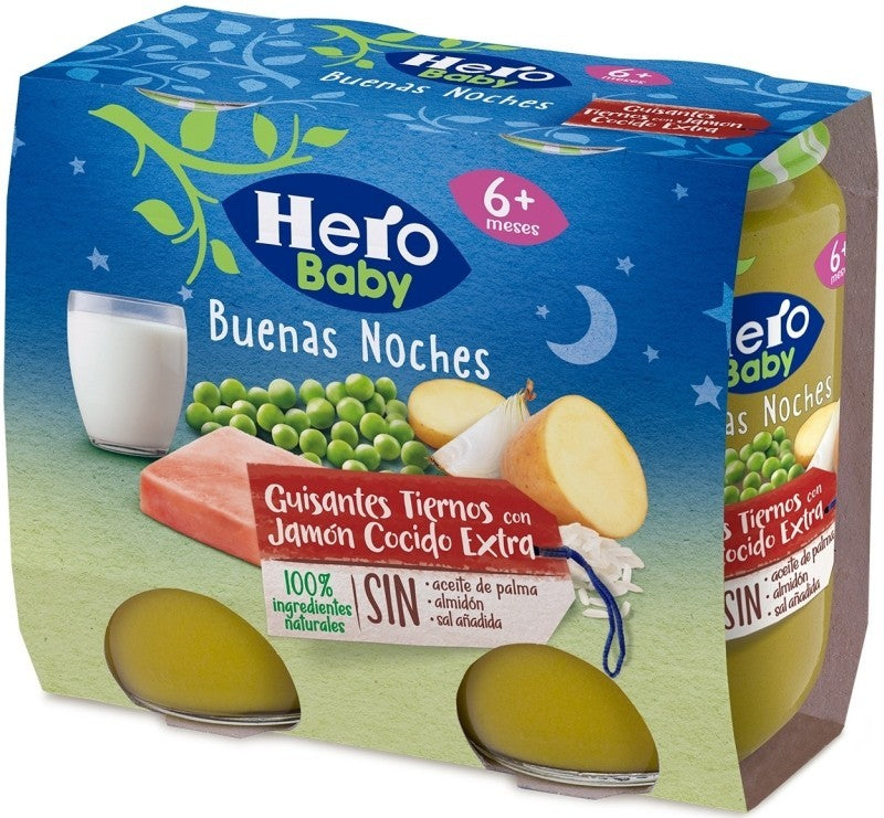 Hero Baby Buenas Noches Guisantes Tiernos con Jamón Cocido Extra 2 x 190G