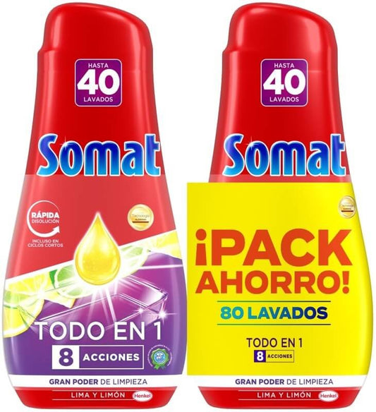 Somat Todo en 1 Lima y Limón Detergente Lavavajillas en Gel 80D – Limpieza Potente con Aroma Refrescante