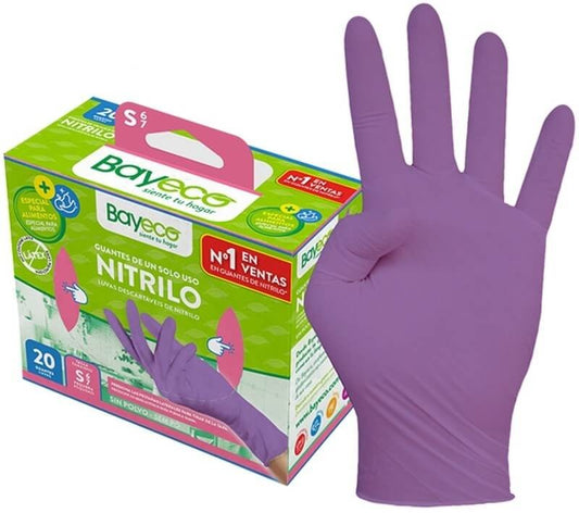 Bayeco Guantes de Nitrilo Morado Sin Polvo Talla S 20U – Resistentes, Seguros y Aptos para Alimentos