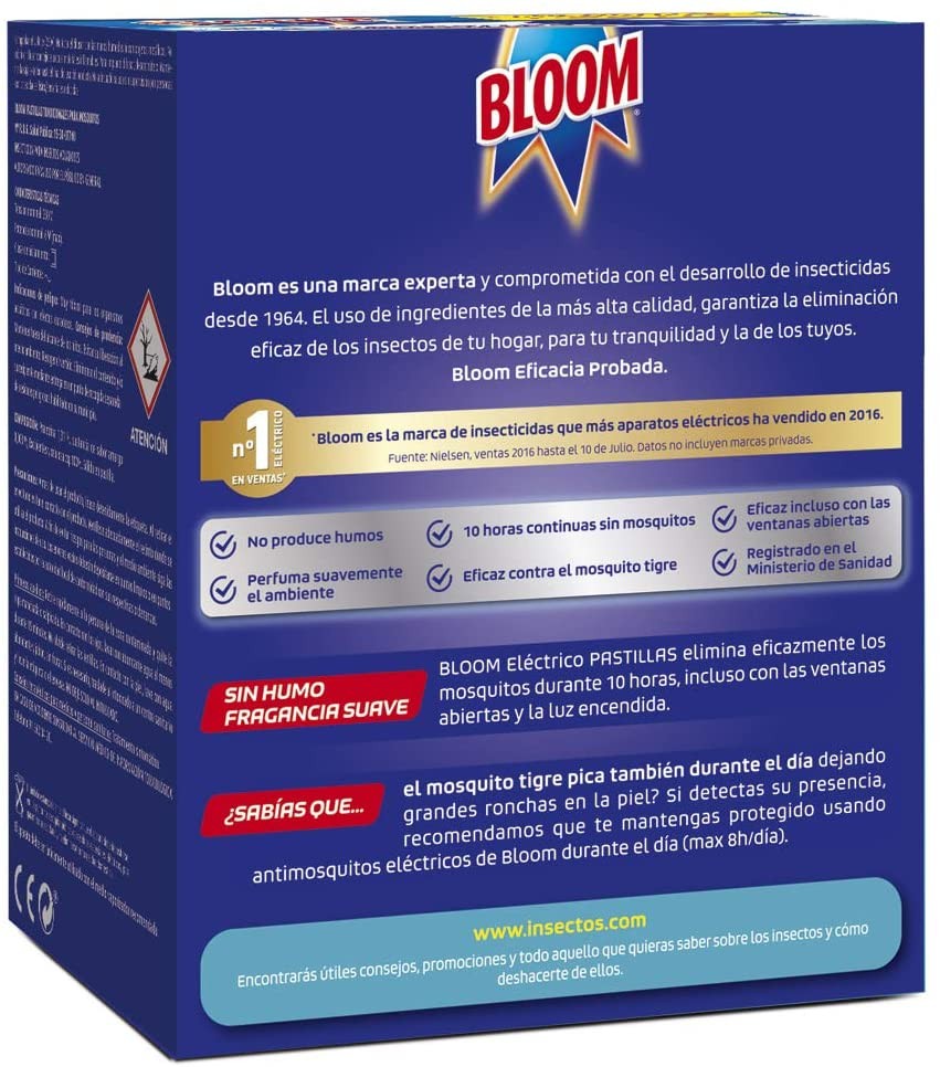 Bloom Insecticida Eléctrico Mosquitos Común y Tigre + 10 Pastillas Gratis - Protección Toda la Noche