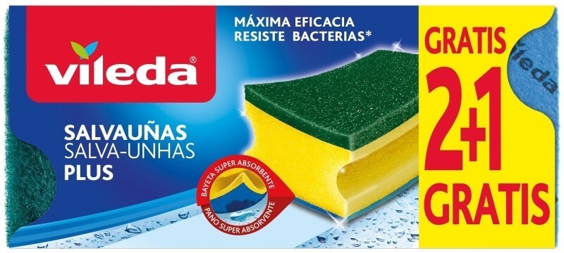 Vileda Salvaúñas Plus Estropajo con Bayeta Superabsorbente Pack 2+1 – Máxima Limpieza y Protección para tus Manos