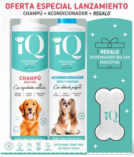 iQ Pack Champú Neutro + Acondicionador Seco y Mojado para Perros – Cuidado Profesional para Todo Tipo de Pelo con Regalo