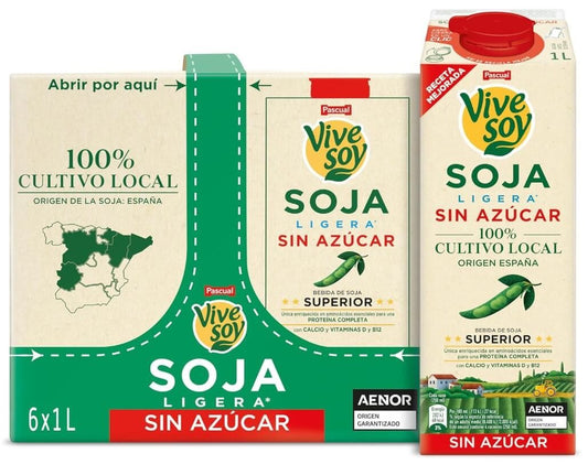 Vive Soy Soja Ligera Sin Azúcar Pack de 6 x 1L - Cultivo Local y Sabor Superior