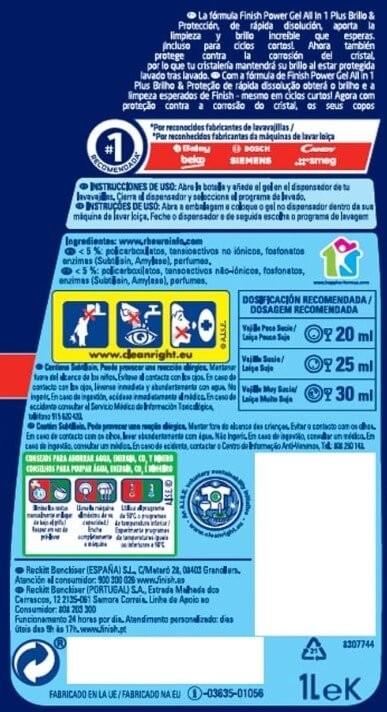 Finish Detergente Power Gel All in 1 Max 1L 50D - Brillo y Protección en Cada Lavado