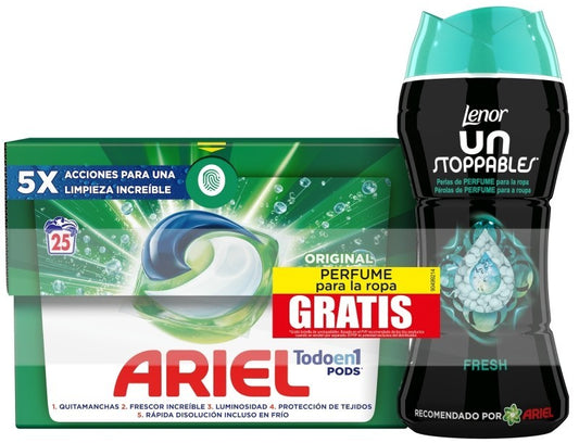 Ariel Todo en 1 Pods Original 25 Cápsulas + Lenor Unstoppables 210g Gratis - Limpieza y Perfume Inigualables