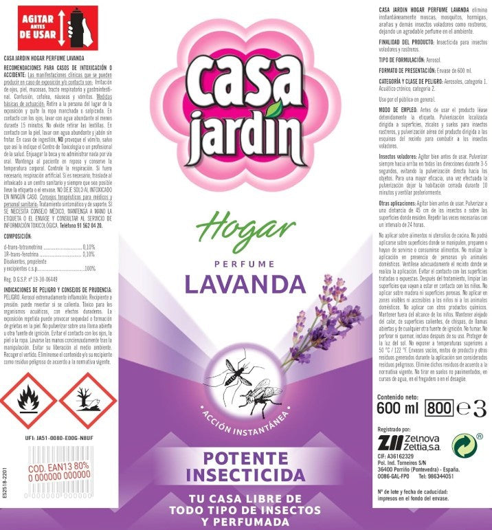 Casa Jardín Lavanda Insecticida Aerosol 600 ml – Protección Inmediata con Aroma Relajante