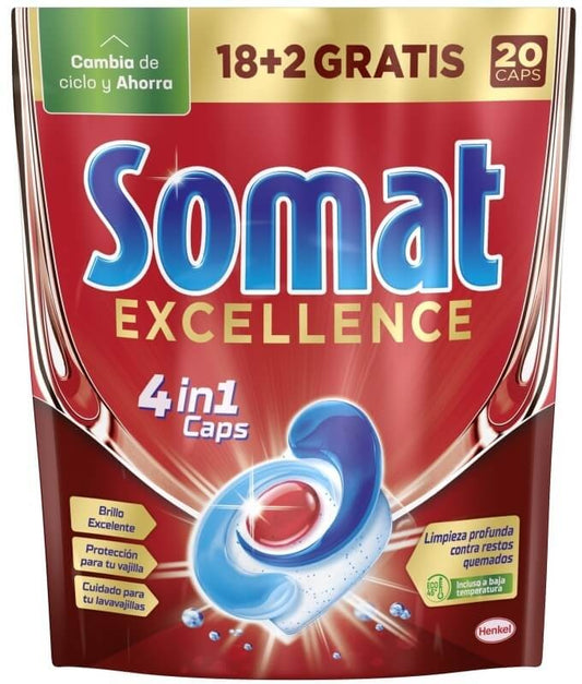 Somat Excellence 4 en 1 Caps Lavavajillas 20U – Brillo y Limpieza Profesional sin Esfuerzo