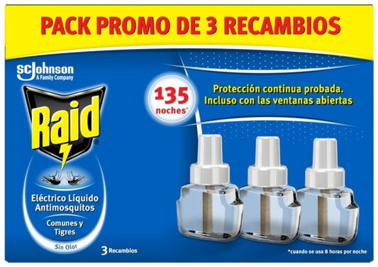 Raid Eléctrico Líquido Antimosquitos Sin Olor 3 Recambios – Protección Continua para 135 Noches Contra Mosquitos Comunes y Tigre