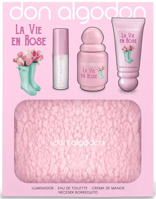 Don Algodon La Vie Rose Iluminador + Colonia + Crema de Manos + Neceser Borreguito