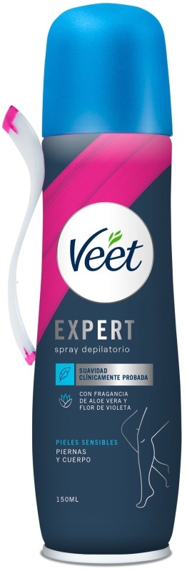 Veet Expert Spray Depilatorio Pieles Sensibles 150 ml – Depilación Eficaz y Suave con Aloe Vera y Flor de Violeta