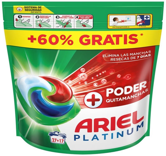 Ariel Platinum Cápsulas Detergente Lavadora 27+17 Unidades - Poder Quitamanchas para una Ropa Impecable