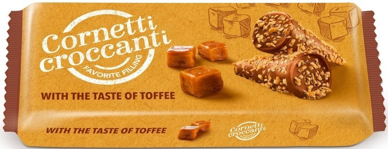 Cornetti Croccanti Barquillos Rellenos de Toffee 112 g – El Placer Crujiente con Corazón de Caramelo