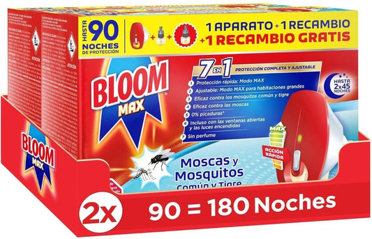 Bloom Max Antimosquitos y Moscas Pack 2 Aparatos + 4 Recambios – 180 Noches de Protección Sin Perfume