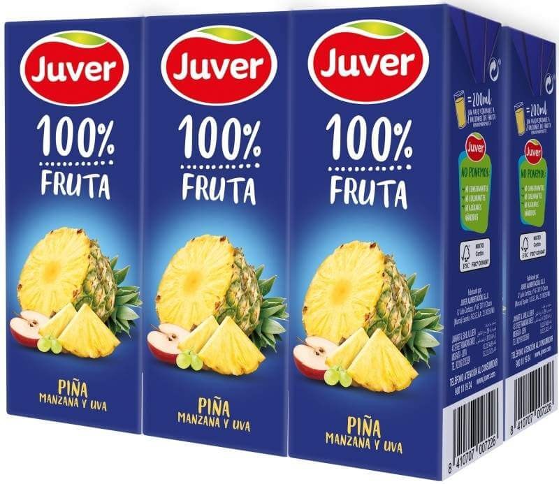 Juver 100% Fruta Zumo de Piña Manzana y Uva Pack de 6 x 200 ml