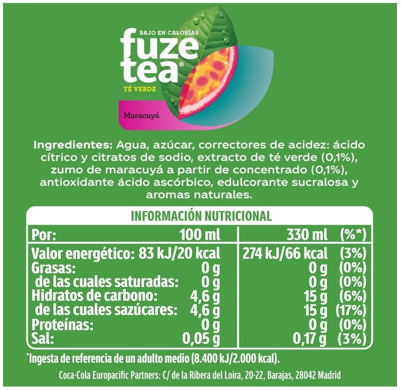 Fuze Tea Té Verde Maracuyá Pack 24 x 330 ml