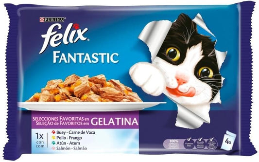 Purina Felix Fantastic Gelatina Selecciones Favoritas Buey - Pollo - Atum u Salmón 4 x 85