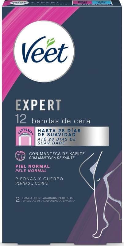 Veet Expert Bandas de Cera con Manteca de Karité Piel Normal 12U – Hasta 28 Días de Suavidad