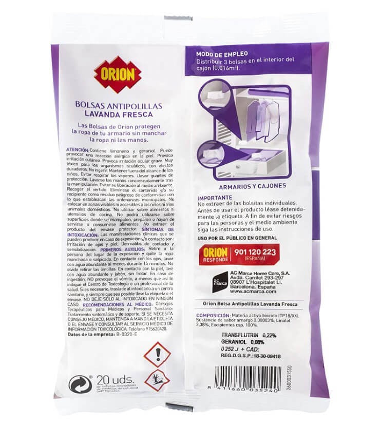 Orion Bolsas Antipolillas Lavanda Fresca 20 uds