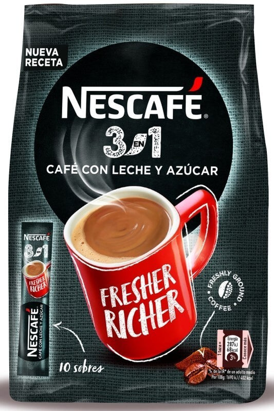 Nescafé 3 en 1 Café con Leche y Azúcar 10 Sobres