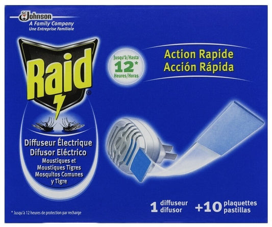 Raid Difusor Eléctrico + 10 Pastillas - Protección Rápida y Eficaz Contra Mosquitos Comunes y Tigre