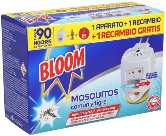 Bloom Insecticida Eléctrico Mosquitos Común y Tigre - 1 Aparato + 2 Recambios - Protección Eficaz Hasta 90 Noches