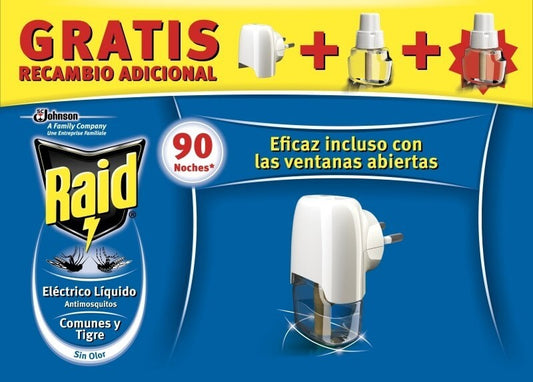 Raid Eléctrico Líquido Antimosquitos Aparato + 2 Recambios – 90 Noches de Protección Sin Olor Incluso con Ventanas Abiertas