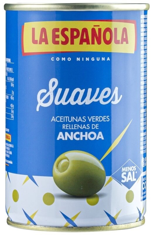 La Española Aceitunas Verdes Suaves Rellenas de Anchoa 300G - Sabor Delicado con Menos Sal