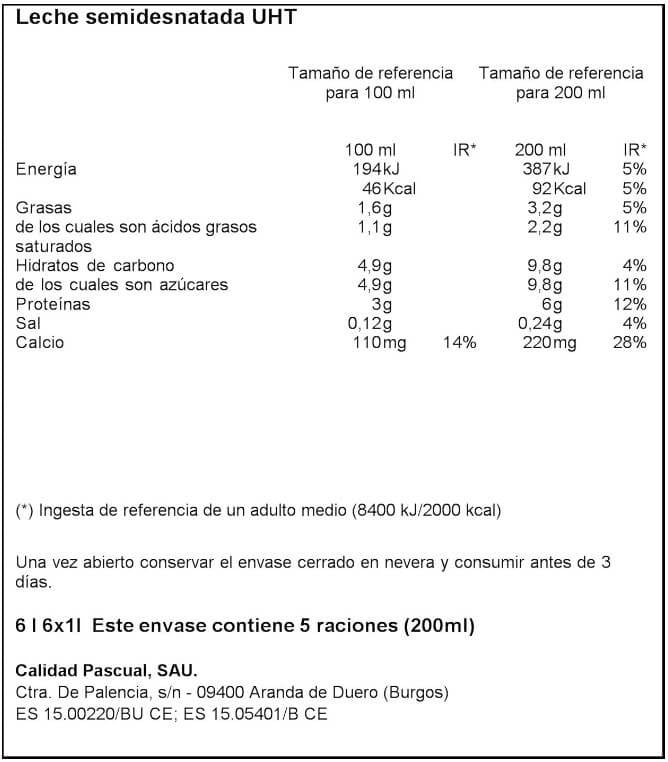 Pascual Leche Semidesnatada Pack 6 x 1L