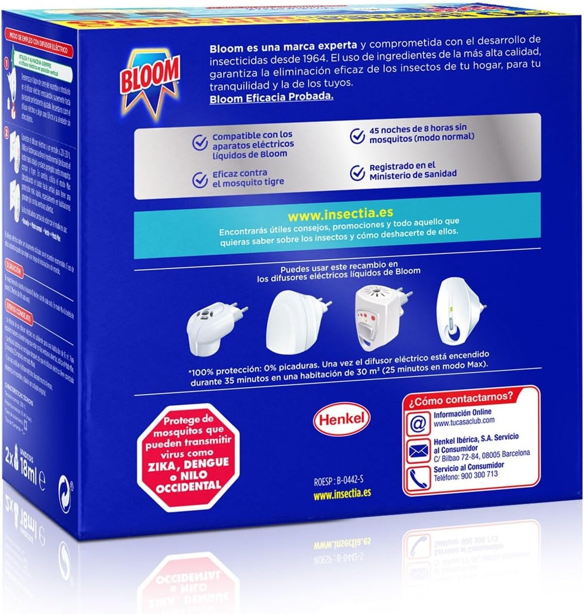 Bloom Insecticida Eléctrico Líquido Pack 2 Aparatos + 4 Recambios