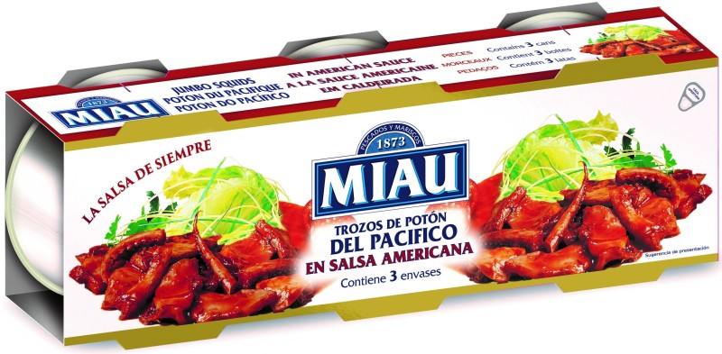 Miau Trozos de Potón del Pacífico en Salsa Americana Pack de 3 x 80G